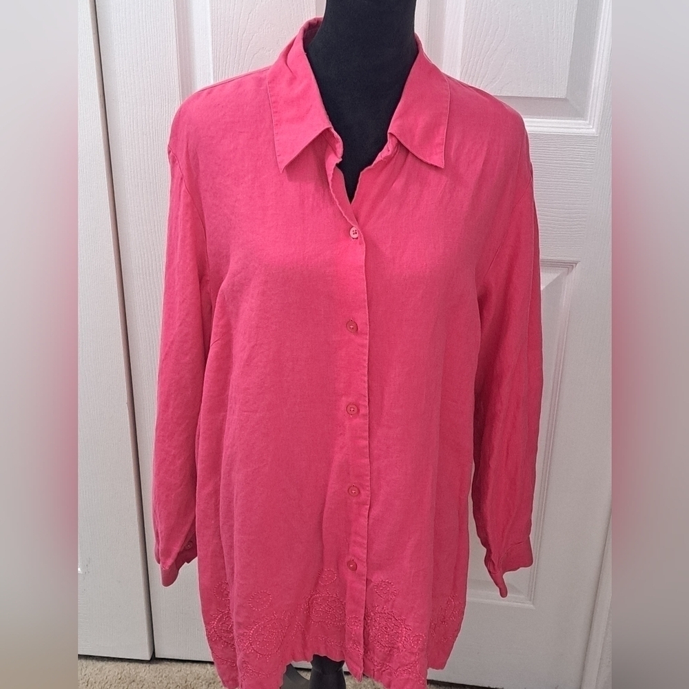 Liz Claiborne 100% Linen Pink Embroidered Blouse Size 2X